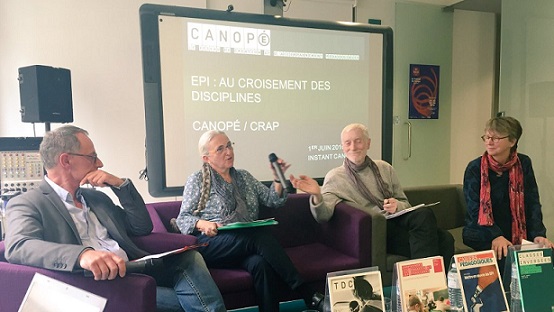 Gilles Grosson, Evelyne Barratier, Jean-Michel Zakhartchouk et Michèle Briziou, directrice de l'edition transmedia et de la pedagogie à Canopé