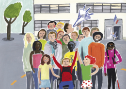 Dessin représentant un groupe d'enfants dans une cour d'école ou de collège, d'âges, de taille, de genre et de couleurs de peau différents, avec un enfant en fauteuil roulant et une autre avec une canne et des lunettes noires.